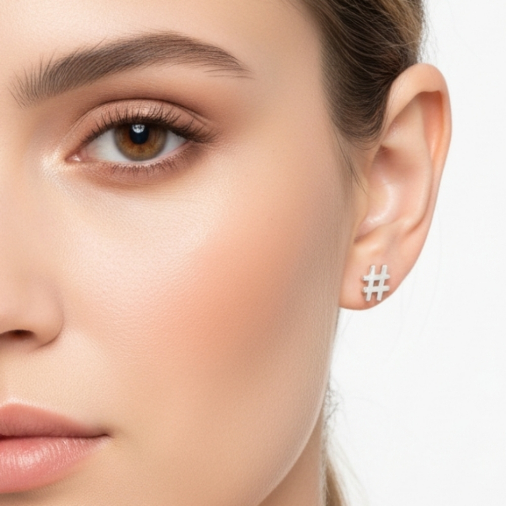 Silvertone Hashtag # Stud Earrings Minimalist Geek Chic Social Media Posts
